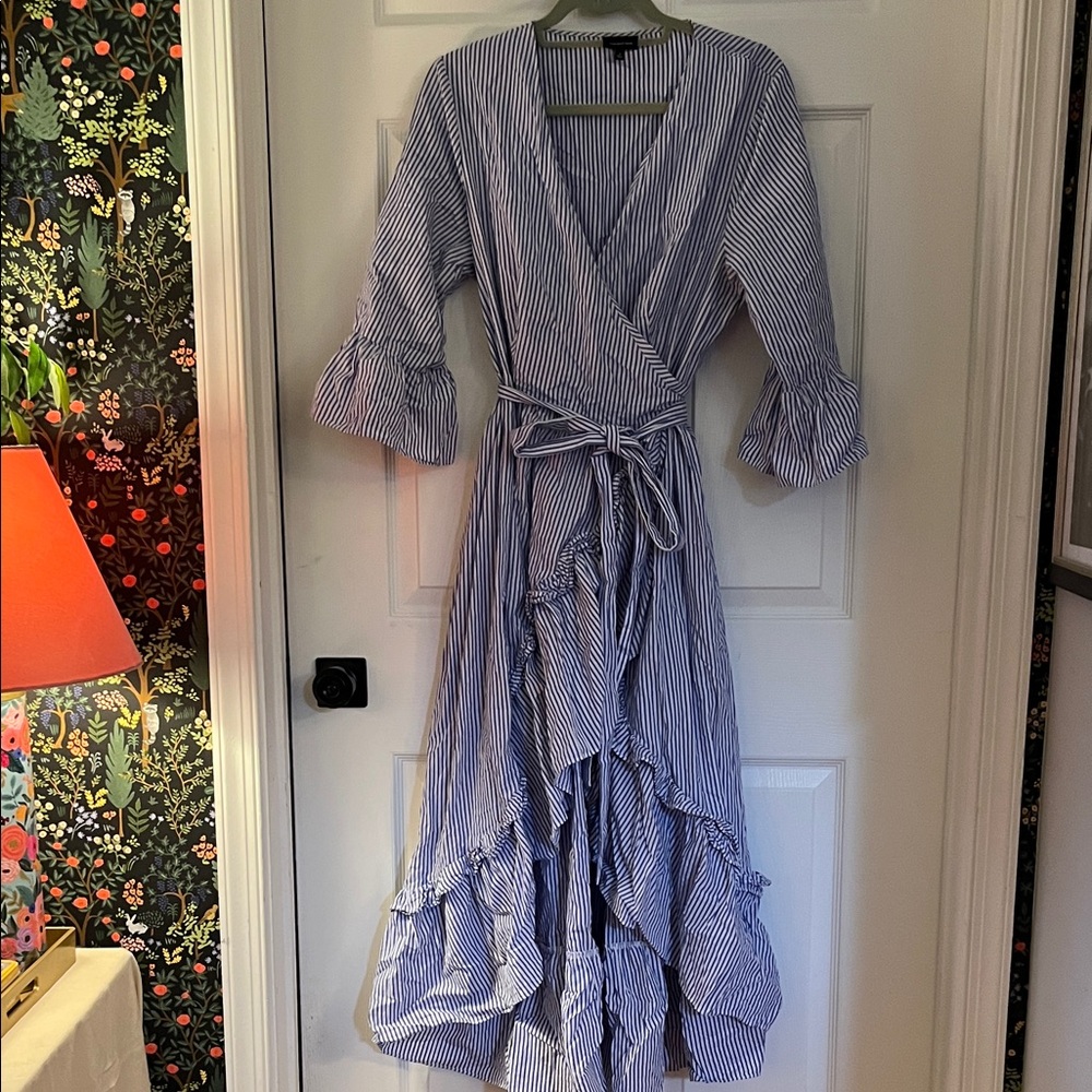 Who What Wear Blue and White Striped Wrap Ruffle Dress
